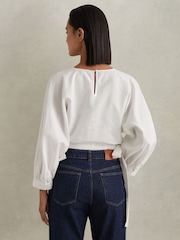 Reiss Ivory Immy Cropped Blouson Sleeve Top With Linen - Image 5 of 5