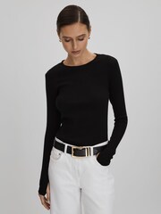 Reiss Black Tora Cotton Blend Crew Neck Top - Image 1 of 6