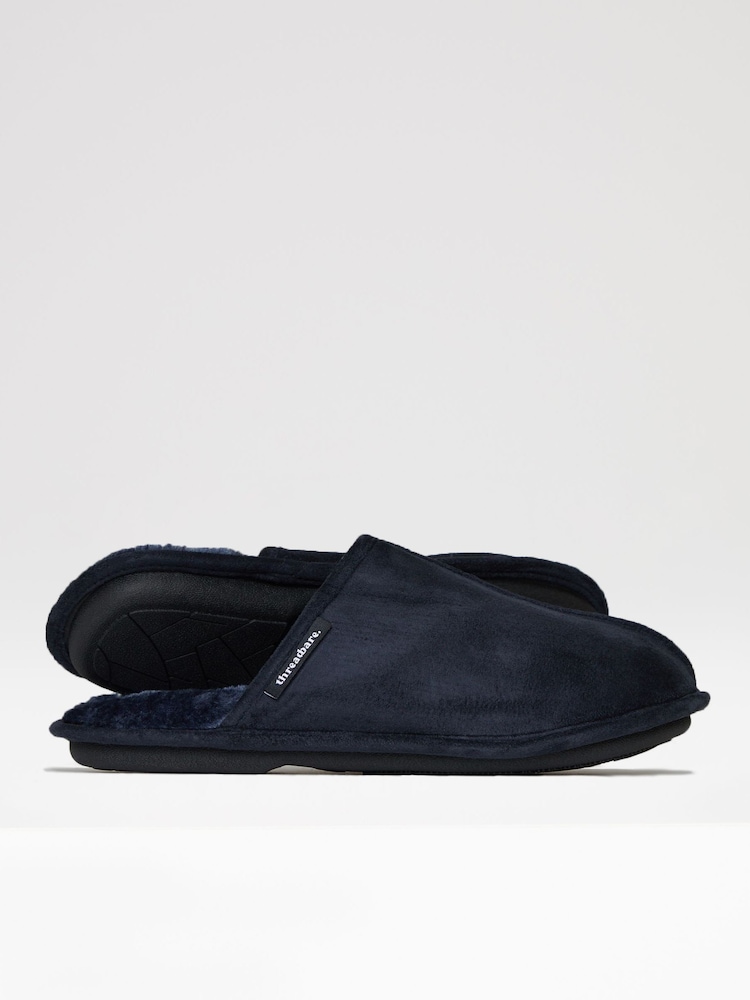 Threadbare Navy Faux Fur Lined Suedette Mule Slippers - Image 2 of 4