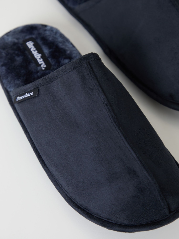 Threadbare Navy Faux Fur Lined Suedette Mule Slippers - Image 4 of 4