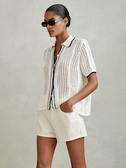 Reiss Ivory/Navy Erica Linen Open Stitch Shirt - Image 1 of 5