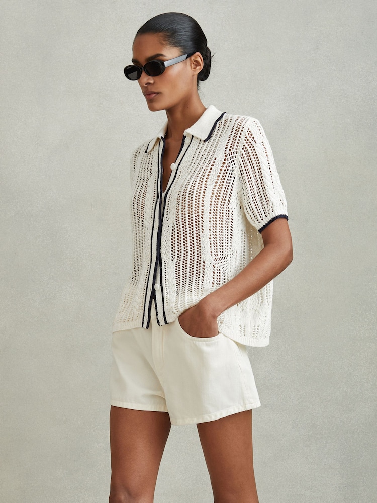 Reiss Ivory/Navy Erica Linen Open Stitch Shirt - Image 1 of 5