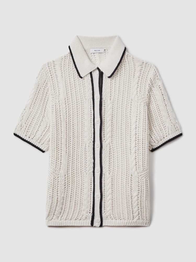 Reiss Ivory/Navy Erica Linen Open Stitch Shirt - Image 2 of 5