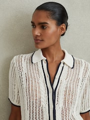 Reiss Ivory/Navy Erica Linen Open Stitch Shirt - Image 3 of 5