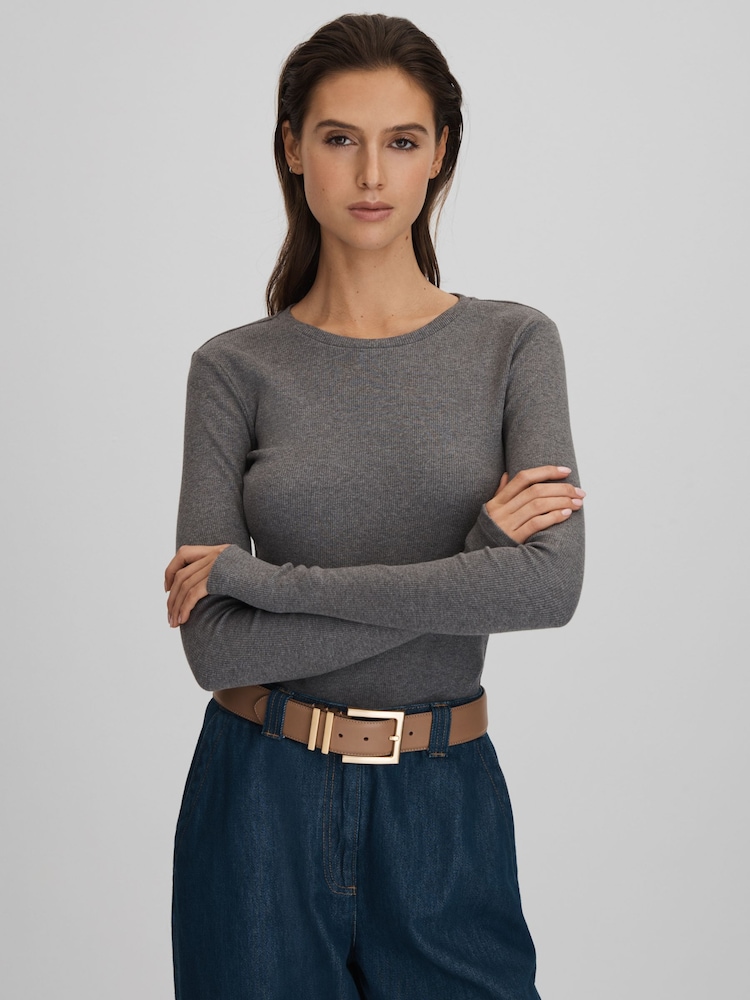 Reiss Charcoal Marl Tora Cotton Blend Crew Neck Top - Image 1 of 5