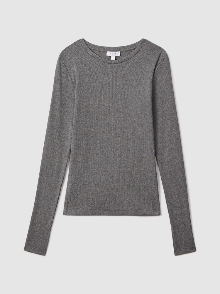 Reiss Charcoal Marl Tora Cotton Blend Crew Neck Top - Image 2 of 5