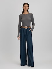 Reiss Charcoal Marl Tora Cotton Blend Crew Neck Top - Image 3 of 5
