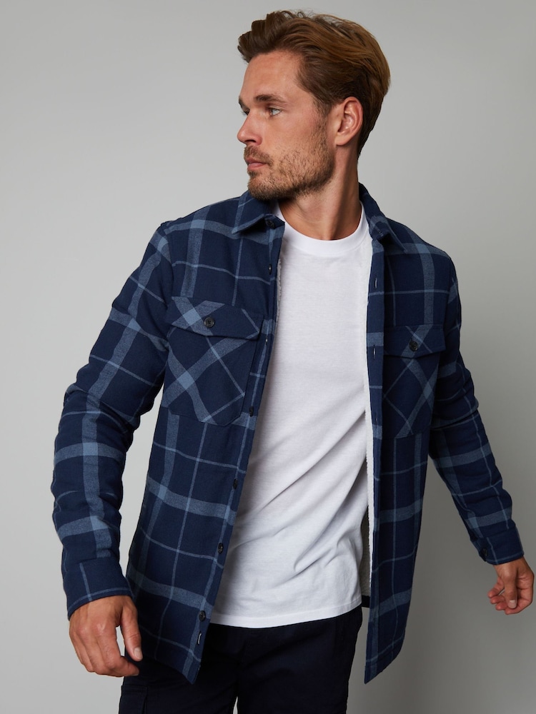 Threadbare Cyan Blue 100% Cotton Check Borg Lined Shacket - Image 1 of 4