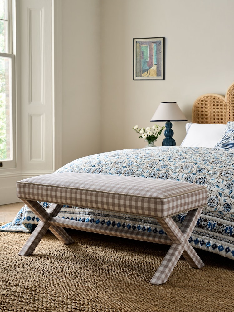 Nina Campbell Natural Bracken Gingham Check Rosebury Bench - Image 1 of 6