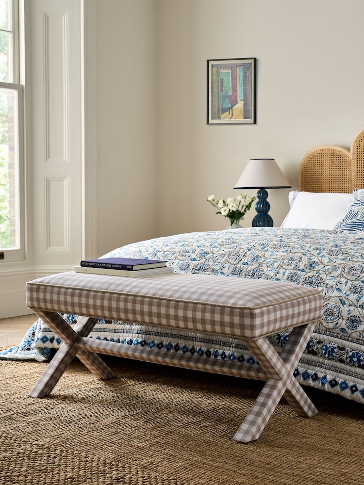 Nina Campbell Natural Bracken Gingham Check Rosebury Bench - Image 2 of 6
