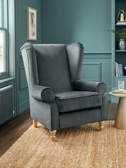 Plush Chenille Slate Blue Grande Sherlock Highback Armchair - Image 1 of 10