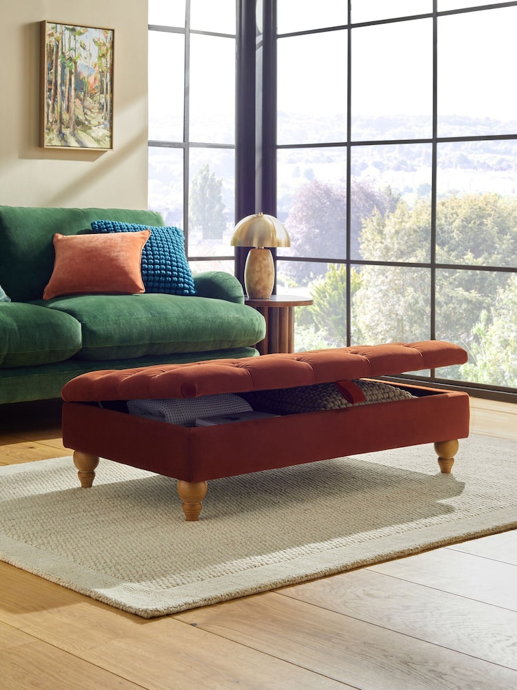 Buttoned Soft Velvet Rust Brown Albury Large Footstool - Image 2 of 10