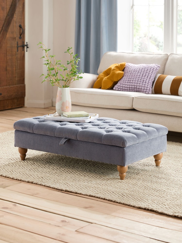 Buttoned Fine Chenille Granite Blue Albury Large Footstool - Image 1 of 9