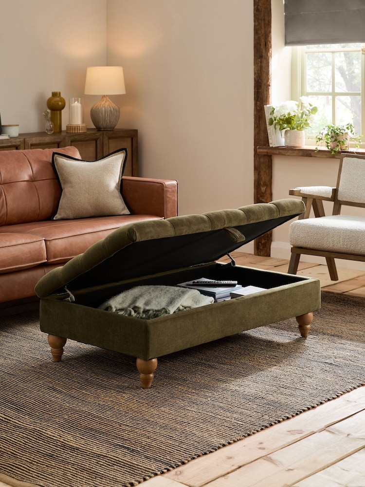 Buttoned Fine Chenille Moss Green Albury Large Footstool - Image 2 of 10
