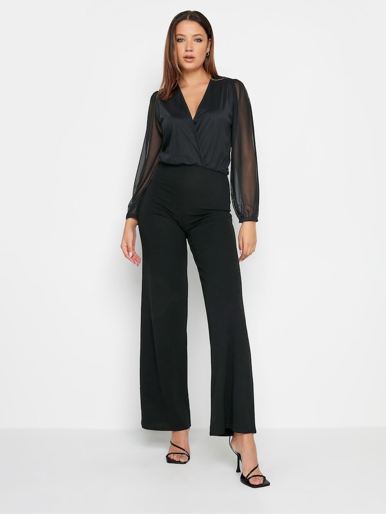 Long Tall Sally Black Mesh Sleeve Wrap Jumpsuit - Image 1 of 4