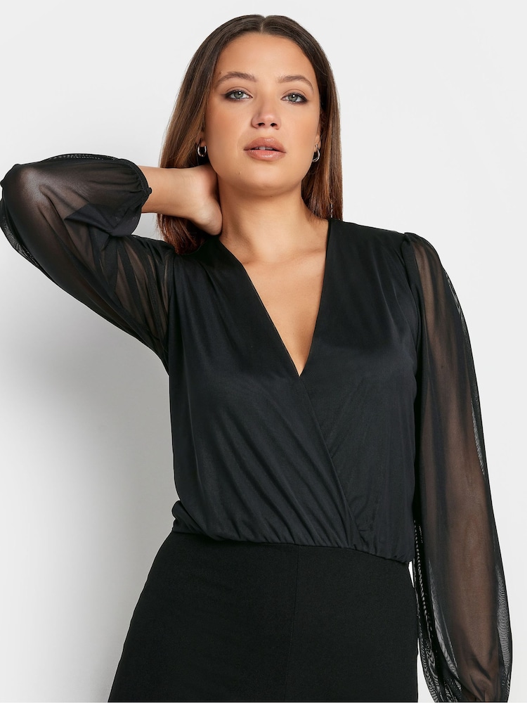 Long Tall Sally Black Mesh Sleeve Wrap Jumpsuit - Image 4 of 4