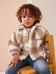 Tan Brown Checkerboard Borg Fleece Shacket (3mths-7yrs) - Image 1 of 10