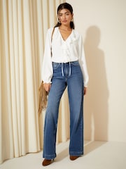 Friends Like These Ivory White Long Sleeve Tie Front Double Ruffle Blouse - Image 2 of 4