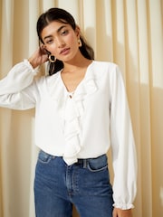 Friends Like These Ivory White Long Sleeve Tie Front Double Ruffle Blouse - Image 3 of 4