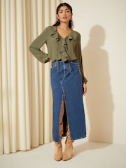 Friends Like These Khaki Green Long Sleeve Tie Front Double Ruffle Blouse - Image 2 of 4