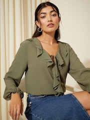 Friends Like These Khaki Green Long Sleeve Tie Front Double Ruffle Blouse - Image 3 of 4