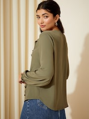 Friends Like These Khaki Green Long Sleeve Tie Front Double Ruffle Blouse - Image 4 of 4