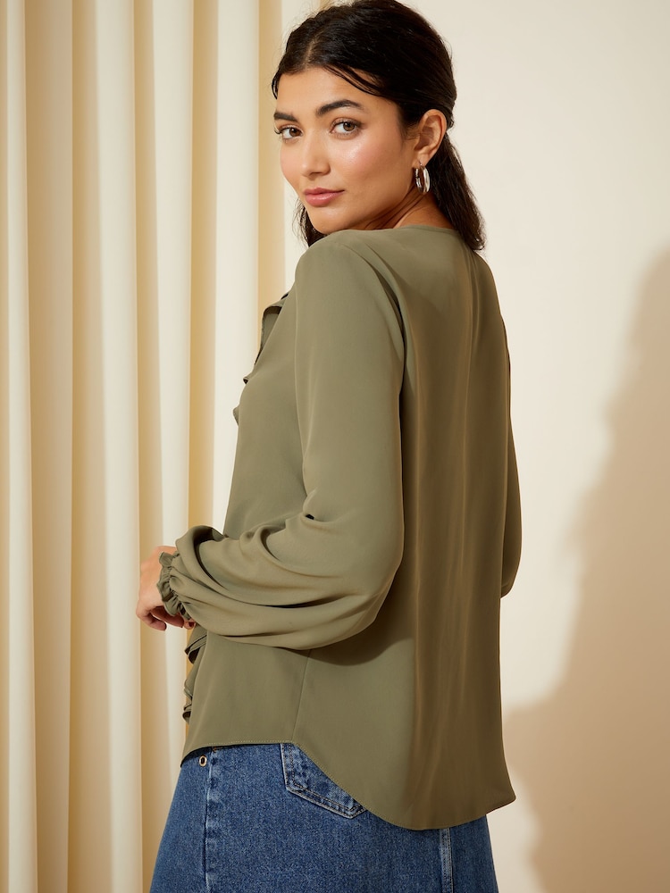 Friends Like These Khaki Green Long Sleeve Tie Front Double Ruffle Blouse - Image 4 of 4 Friends Like These Khaki Green Long Sleeve Tie Front Double Ruffle Blouse - Image 4 of 4