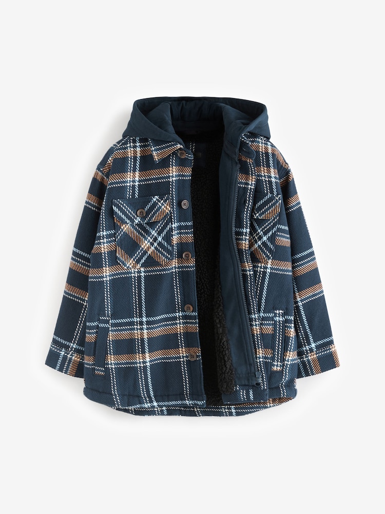 Navy Blue Check Hooded Shacket (3-16yrs) - Image 3 of 5