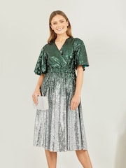 Yumi Green Ombre Sequin Midi Wrap Dress - Image 1 of 5