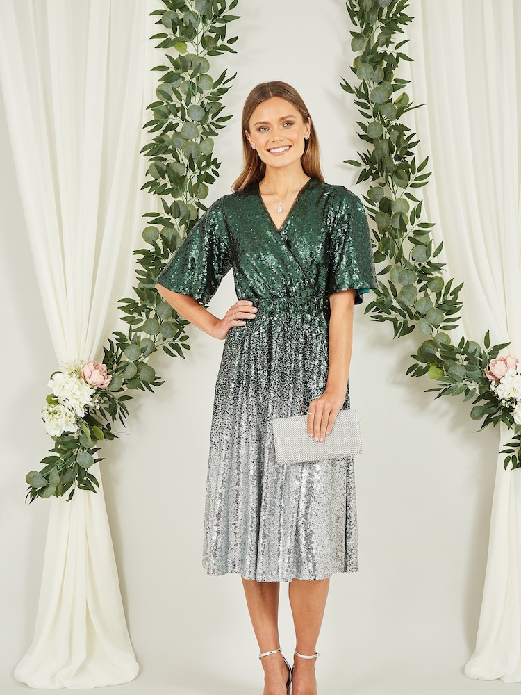 Yumi Green Ombre Sequin Midi Wrap Dress - Image 2 of 5