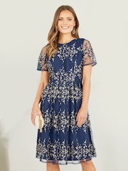 Yumi Blue Embroidered Floral Skater Dress - Image 1 of 4