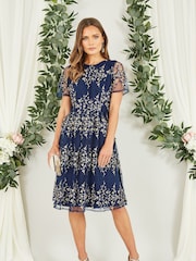Yumi Blue Embroidered Floral Skater Dress - Image 2 of 4