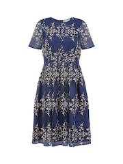 Yumi Blue Embroidered Floral Skater Dress - Image 4 of 4