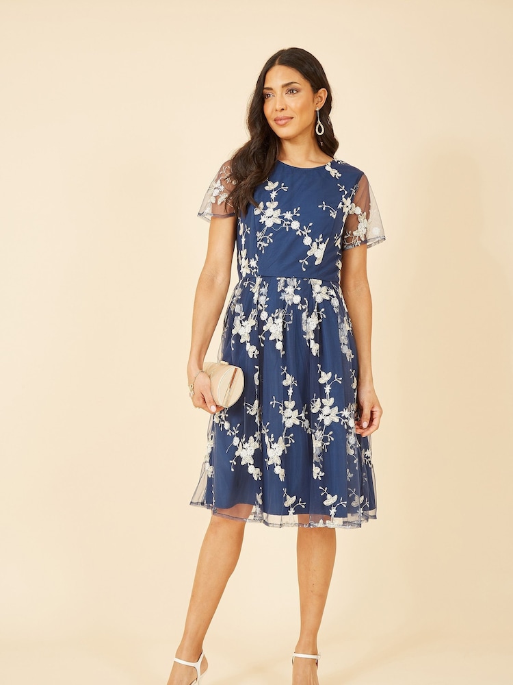 Yumi Blue Embroidered Floral Skater Dress - Image 3 of 5