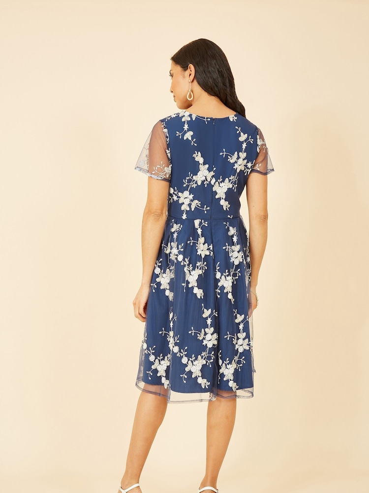 Yumi Blue Embroidered Floral Skater Dress - Image 4 of 5