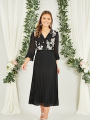Yumi Black Embroidered Panel Midi Dress With Pleats - Image 1 of 5