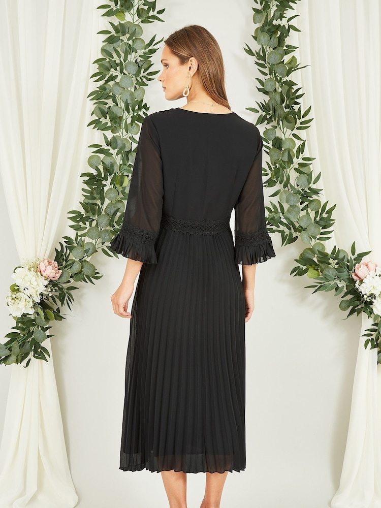 Yumi Black Embroidered Panel Midi Dress With Pleats - Image 2 of 5
