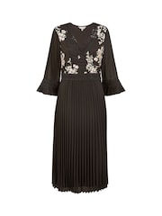Yumi Black Embroidered Panel Midi Dress With Pleats - Image 5 of 5