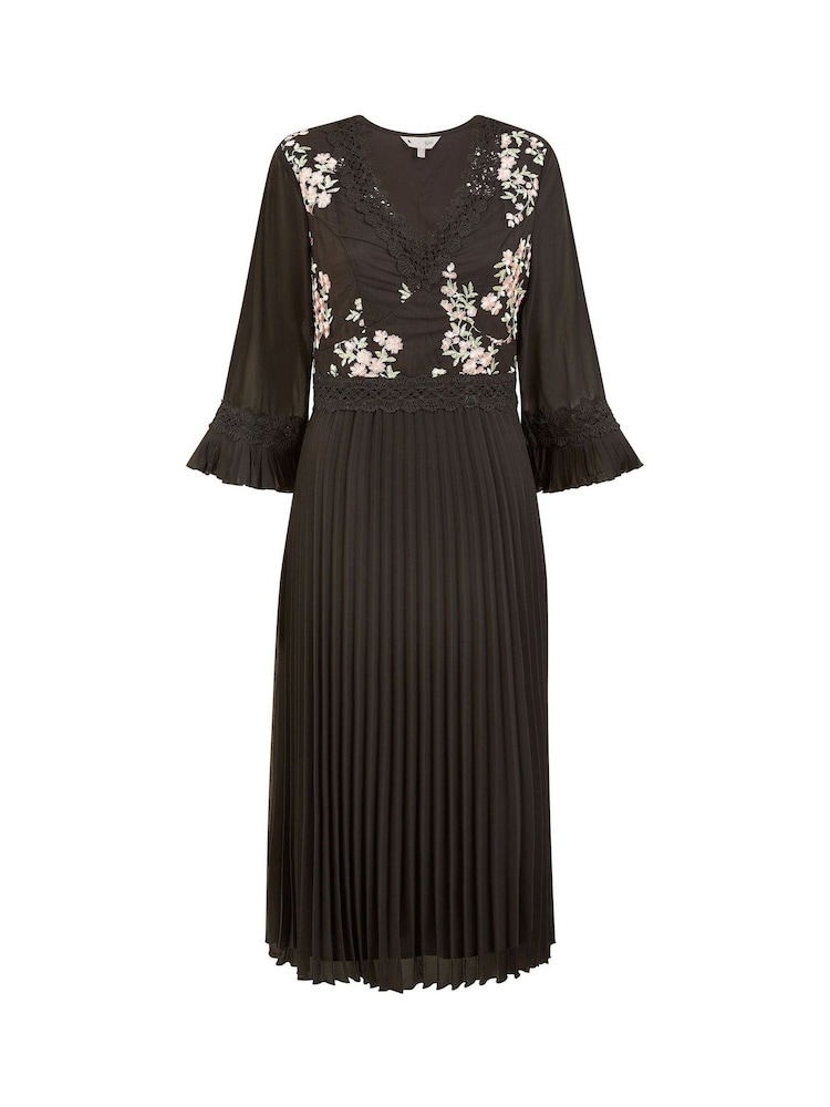 Yumi Black Embroidered Panel Midi Dress With Pleats - Image 5 of 5