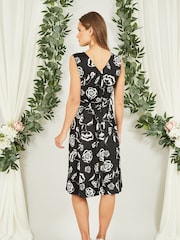 Mela Black Satin Floral Wrap Skater Midi Dress - Image 2 of 5