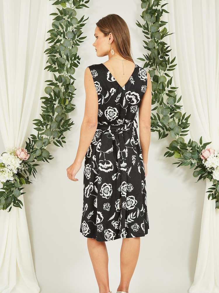 Mela Black Satin Floral Wrap Skater Midi Dress - Image 2 of 5