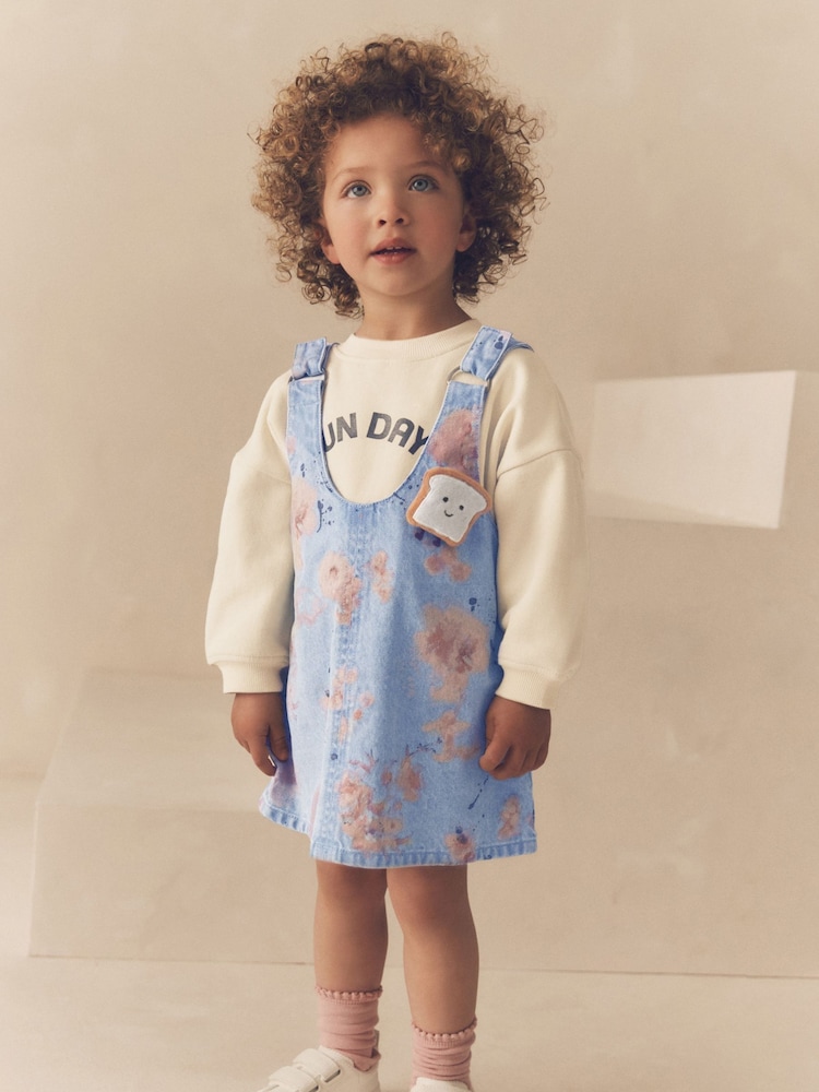 Blue Floral Denim Printed Pinafore And 100% Cotton Sweater Set (12mths-8yrs) - Image 1 of 11