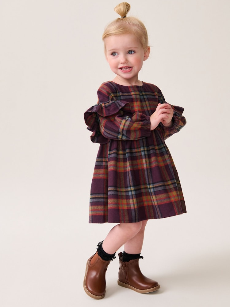 Purple 100% Cotton Check Frill Dress (3mths-8yrs) - Image 1 of 8
