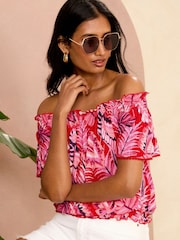 Love & Roses Pink Tropical Jersey Flutter Sleeve Bardot Top - Image 1 of 4