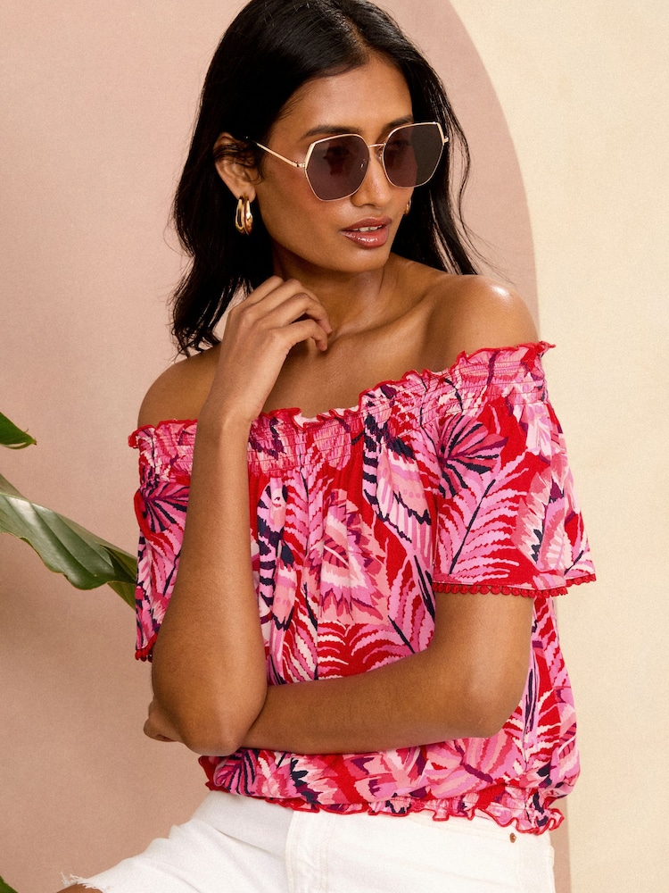 Love & Roses Pink Tropical Jersey Flutter Sleeve Bardot Top - Image 1 of 4