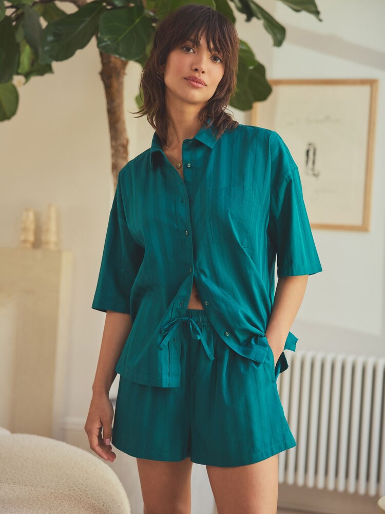 Green 100% Cotton Stripe Short Set Pyjamas - Image 1 of 5 Green 100% Cotton Stripe Short Set Pyjamas - Image 1 of 5