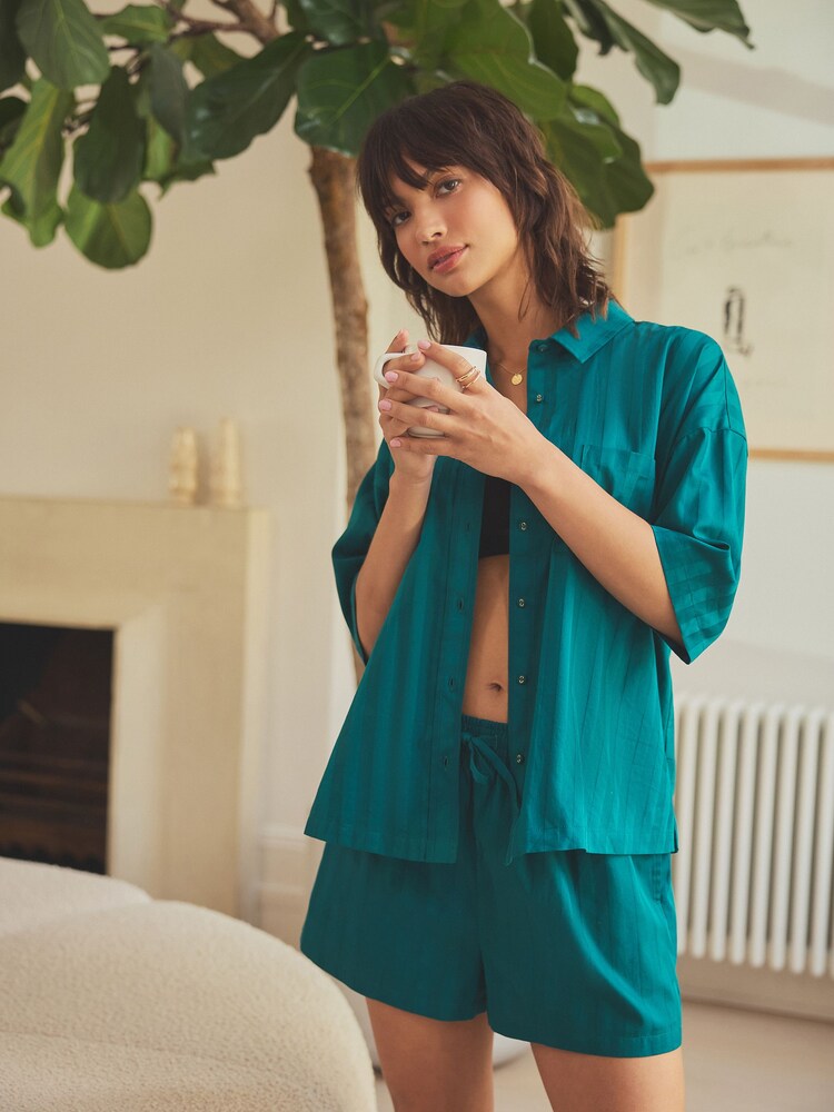 Green 100% Cotton Stripe Short Set Pyjamas - Image 2 of 5 Green 100% Cotton Stripe Short Set Pyjamas - Image 2 of 5