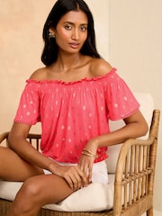 Love & Roses Dash Foil Jersey Flutter Sleeve Bardot Top - Image 1 of 4