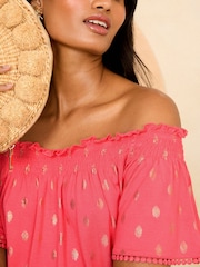 Love & Roses Dash Foil Jersey Flutter Sleeve Bardot Top - Image 2 of 4