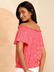 Love & Roses Dash Foil Jersey Flutter Sleeve Bardot Top - Image 3 of 4